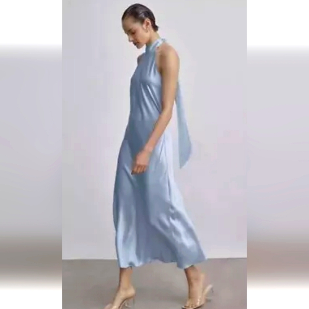 NWT French Bow Halterneck Silk Maxi Dress (Baby Blue) - Silk Maison